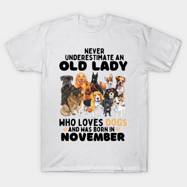 Never Underestimate An Old Lady Who Loves Dogs And Was November T-Shirt by JustBeSatisfied